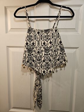 Boho Black & White Tie-Front Crop Top